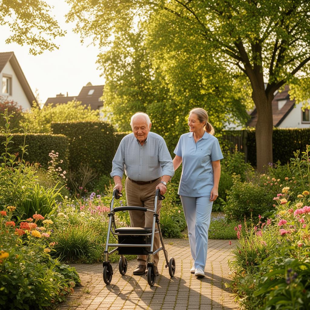 Seniorenbetreuung – Spaziergang im Garten mit Pflegekraft