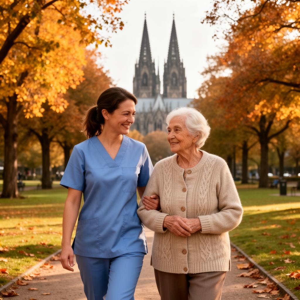 Pflegekraft bei einem Spaziergang mit Seniorin im Kölner Stadtwald