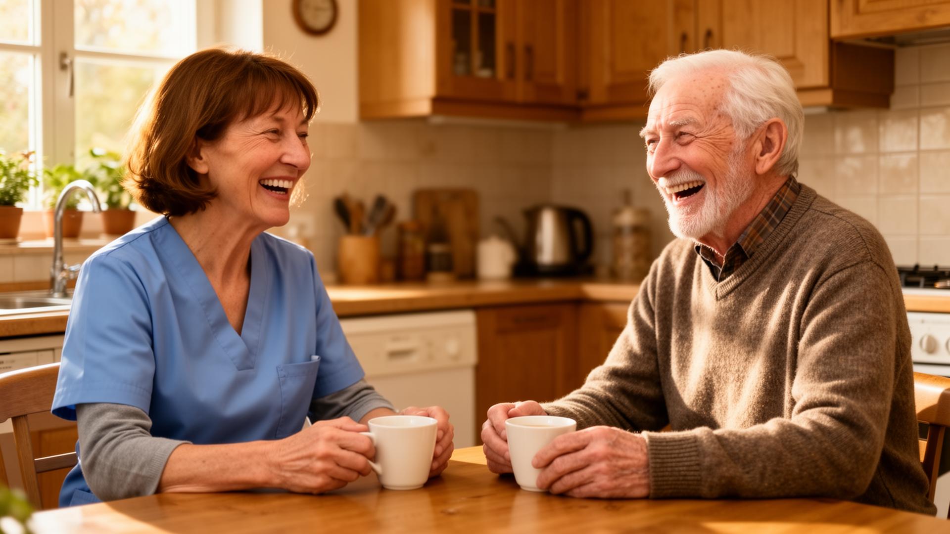 Polnische Pflegekraft beim gemeinsamen Kaffeetrinken mit Senior